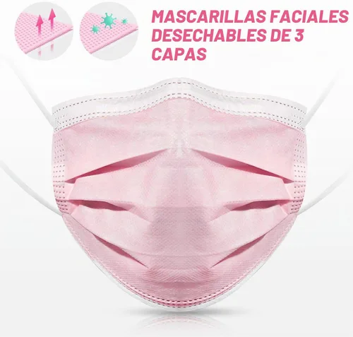 Vista 3 de 50 unidades de máscara desechable con filtro de 3 capas no médica respirable con cinta elástica para las orejas Rosa
