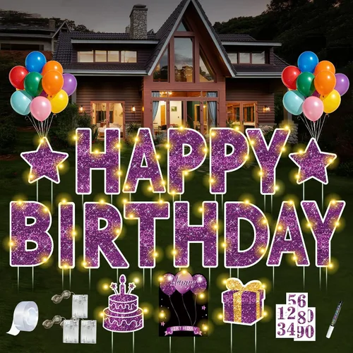 Vista 9 de Letrero de feliz cumpleaños con estacas, 18 piezas de letrero negro de feliz cumpleaños con luz LED de 49.2 pies, letrero grande personalizado