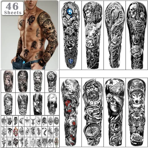 Vista 7 de Yazhiji Tatuajes temporales extragrandes, 8 hojas de tatuajes falsos de brazo completo y 8 hojas de pegatinas de tatuaje de medio brazo para hombres