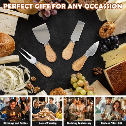 Vista 6 de Juego de cuchillos de queso para embutidos – 4 cuchillos de queso pequeños de acero inoxidable y tenedor con soporte magnético de madera de acacia