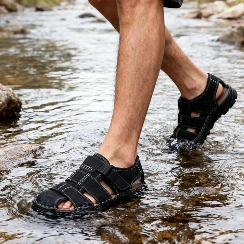 Vista 7 de Jousen Sandalias de hombre con soporte de arco casual de cuero genuino para verano al aire libre playa pescador sandalias para hombres
