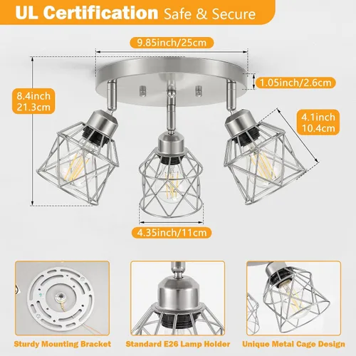 Vista 2 de Baocuz Lámpara de techo semiempotrada de níquel cepillado de 3 luces, luminarias de cocina ajustables montaje al techo base E26, luces de techo