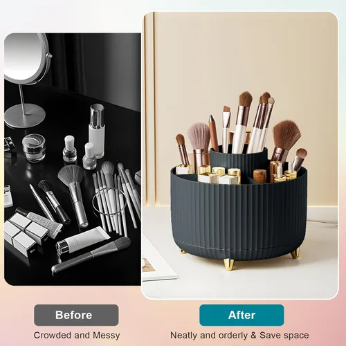 Vista 5 de Organizador para brochas de maquillaje, organizador de brochas de maquillaje giratorio 360°, taza con 5 ranuras para brochas de maquillaje