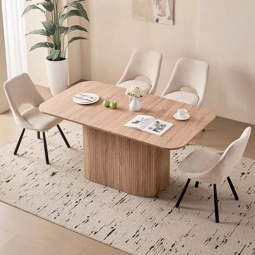 Vista 28 de Juego de 4 mesas de comedor grandes de 63 pulgadas para 4, esquinas redondeadas, mesa de cocina rectangular moderna de madera con sillas Boucle