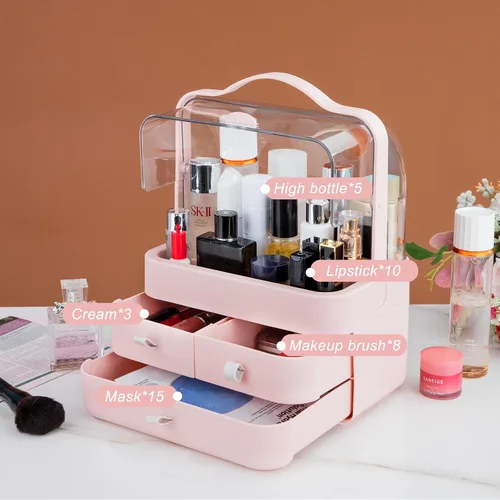 Vista 6 de Nervure Organizador de maquillaje rosa, caja de almacenamiento de cosméticos con tapa, organizador de maquillaje con cubierta libre de polvo y asa