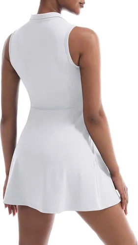 Vista 2 de CUGOAO Vestido de tenis para mujer, vestido de golf, vestido de entrenamiento con pantalones cortos y bolsillos para vestidos deportivos sin mangas