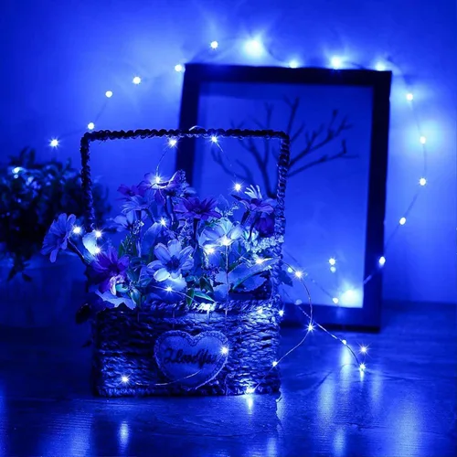 Vista 6 de RUICHEN Luces de Hadas de Alambre Plateado Enchufables de 33 Pies, Cadena de 100 Luces LED con Carrete, Azul Waterproof, Silver Coated Copper Wire