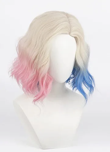 Vista 3 de Peluca rubia de onda corta rizada con cabello azul rosa y azul, peluca moderna de anime para cosplay con raya lateral
