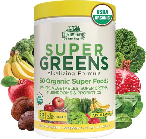 Vista 15 de Country Farms Super Greens Batido en Polvo de Manzana y Plátano, Súper Alimentos Orgánicos, Mezcla de Bebida Orgánica USDA, Frutas, Verduras
