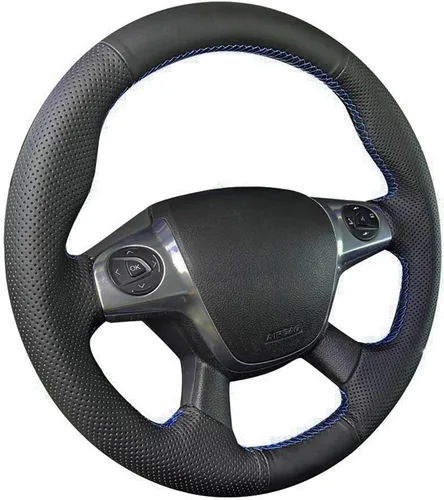 Vista 8 de Loncky - Funda negra para volante de piel auténtica para Ford Escape 2013, 2014, 2015, 2016, Ford Focus 2012, 2013, 2014, 2016, Ford C-Max 2013