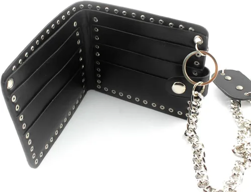 Vista 4 de Cartera de cuero con tachuelas punk de calavera para hombre con llavero largo de jeans, Negro