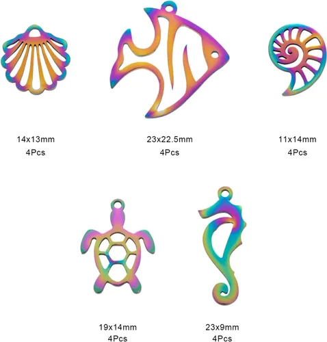 Vista 3 de 20 colgantes con temática oceánica de acero inoxidable con diseño de arco iris, dijes multicolor para hacer joyas, collares, aretes, pulseras