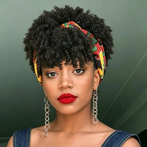 Vista 9 de Aisaide Peluca de Diadema Afro Rizada Crespa, Pelucas Afro Negras Cortas para Mujeres Negras, Peluca Sintética Rizada Crespa con Diadema y Flequillo