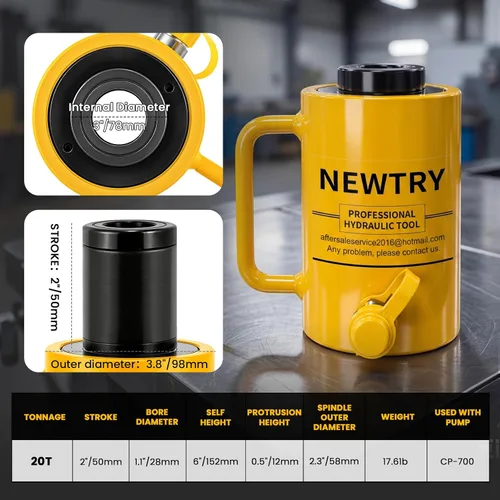Vista 3 de NEWTRY Gato hidráulico hueco de 20 toneladas con cilindro de 2’’ de carrera Porta Power Ram de elevación industrial con retracción automática