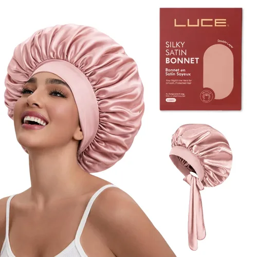 Vista 10 de LUCE Gorro de seda de satén para dormir, gorro de satén XL de doble capa de 600 hilos para mujer, gorro para dormir con lazo ajustable