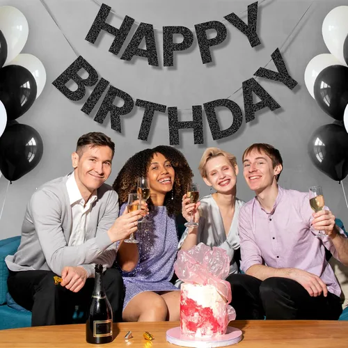 Vista 9 de Pancarta de Feliz Cumpleaños con Purpurina Negra - 9 pies Pre-Ensartada Sin Bricolaje Cartel de Fondo para Fiestas, Adultos, Niños, Mujeres
