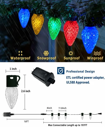 Vista 5 de Luces de Navidad inteligentes RGB C9 para exteriores de 66 pies, luces
