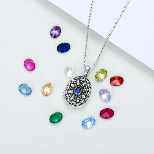 Vista 3 de Shusukue Collar con medallón de forma redondacorazónovalada que sostiene imágenes, plata de ley 925, fotos de piedra natal personalizadas, colgante