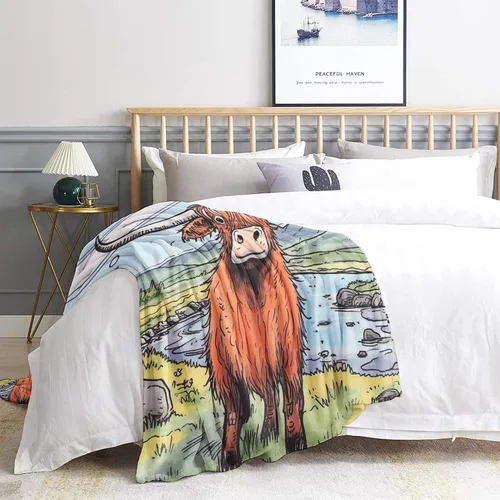 Vista 3 de Highland Cow - Manta de vellón para sofá o cama, lindas mantas y mantas con dibujos animados, súper suave y acogedora manta de franela de felpa