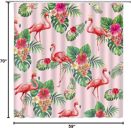 Vista 5 de Cortina de ducha con diseño de flamenco, flor tropical, hoja de palmera verde, juego de decoración de baño con ganchos