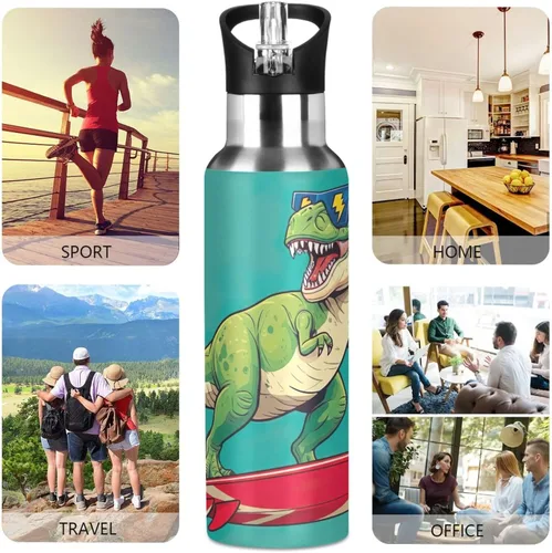 Vista 5 de BPA-Free Sports Water Bottle 20 Oz, Insulated Water Bottle for Gym Outdoor Travel School, Cool Green Rex Dinosaur Teal