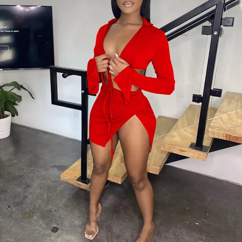 Vista 7 de SUZONANA Conjunto sexy de dos piezas para mujer, ropa de club, camiseta corta de manga larga y minifalda, con cordones, teñido anudado, traje de baño