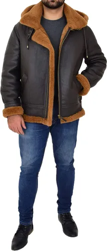Vista 4 de Chaqueta voladora de piel de oveja real para hombre, con capucha, color marrón, pelirroja, piloto B3, aviador, bombardero Hawker
