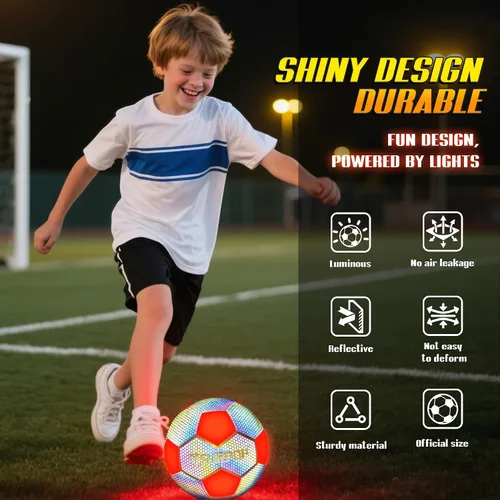 Vista 6 de Balón de fútbol que brilla en la oscuridad con luces LED, pelota de fútbol iluminada para juegos nocturnos, tamaño 5 regalo para niños y adultos
