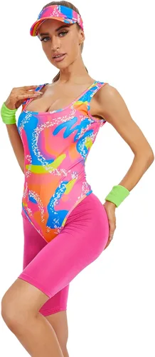 Vista 3 de KBJALQ 80s 90s Workout Costume for Women Halloween Costumes Cosplay Outfits Swimwear Suit Leotard Legging With Sun Visor