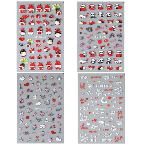 Vista 6 de Calcomanías de arte de uñas para el día de San Valentín, calcomanías de oso lindo 5D, autoadhesivas, corazón rojo, enano, panda, diseño de uñas
