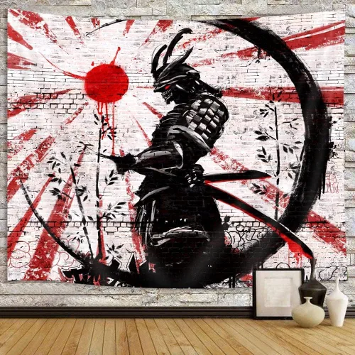 Vista 7 de iTapnoom Tapiz decorativo de arte samurái japonés para colgar en la pared para dormitorio, póster de anime rojo y negro con sol y luna para hombres