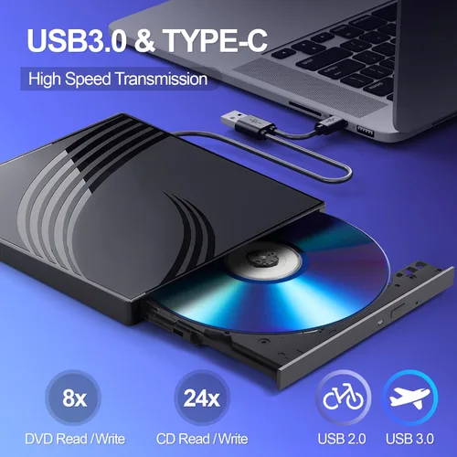 Vista 2 de BPAKDU Unidad externa de CD/DVD para laptop, grabadora de CD ultra delgada, concentrador USB 3.0 con 4 puertos USB, 2 ranuras para tarjetas TF/SD, 1
