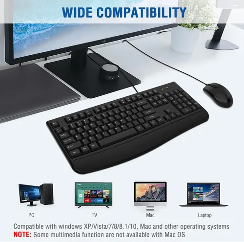 Vista 7 de EDJO - Combo de teclado y mouse con cable, teclado ergonómico de tamaño completo para computadora con reposamanos y mouse óptico con cable