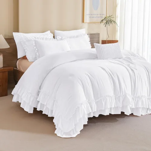 Vista 8 de QSH Edredón blanco brillante con volantes, tamaño individual, 3 piezas, ropa de cama con volantes, estilo bohemio, elegante, desgastado y elegante