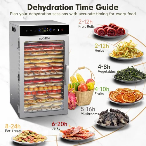 Vista 6 de SUCISENI Máquina deshidratadora de alimentos de 1000 W, 18 bandejas de acero inoxidable, secadora comercial de alimentos deshidratados
