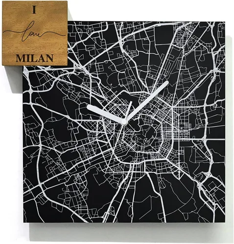 Vista 41 de Modern Wall Clock - Black Aluminum with Silver Fiber Laser Engraving - Square - Contemporary Design - Personalized City Map - Home Town - Location