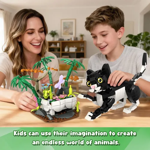 Vista 3 de HiWEEGO Juego de construcción de animales salvajes 3 en 1 - Figuras de animales con 3 opciones de construcción Panda Gato Cebra, juguete de bloques