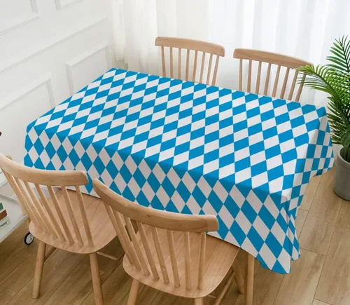 Vista 2 de Hafangry Mantel de Oktoberfest para decoración de fiesta temática del Oktoberfest alemán, mantel rectangular con bandera bávara azul