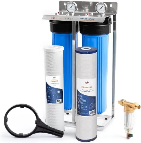 Vista 16 de Sistema de filtro de agua de 2 etapas de 20 x 4.5 pulgadas, viene con filtros de sedimentos y carbono Prefiltro, llave, calibre y liberación