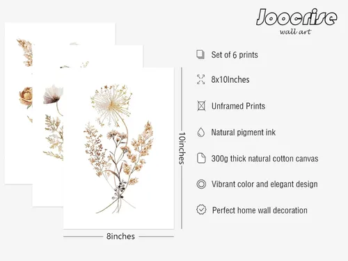 Vista 2 de Juego de 6 arte de pared de flores de acuarela con diseño botánico de flores silvestres, arte de pared en lienzo neutro bohemio, impresiones