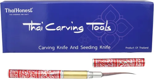 Vista 4 de Cuchillo tailandés para tallar frutas, hoja de doble cara de 2 pulgadas (curva y recta) con mango decorativo rojo tailandés, herramienta