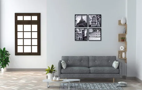 Vista 2 de Wieco Art Arte de pared enmarcado, arquitecturas modernas, 4 paneles, impresiones en lienzo giclée, edificios de Europa, lienzo de paisaje blanco