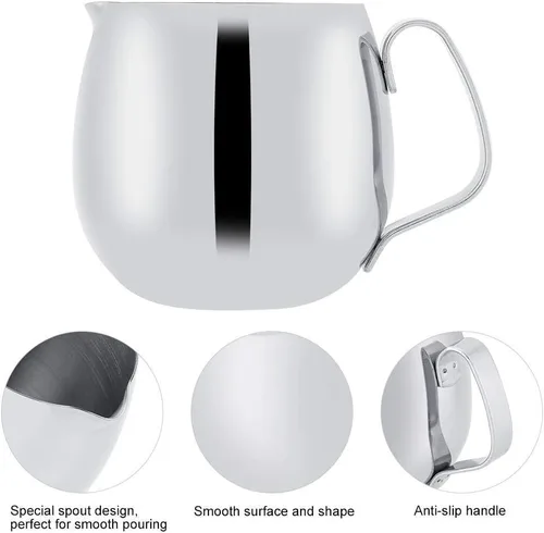 Vista 6 de Jarra de espuma de leche, jarra gruesa de acero inoxidable para café con leche, taza de espuma de café, jarra de leche plateada (10.1 fl oz)