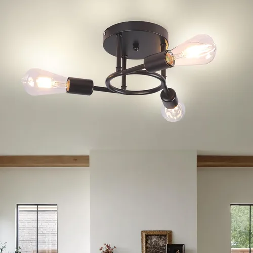 Vista 7 de Finktonglan Lámpara de techo semiempotrada de 3 luces, lámpara de techo Sputnik negro mate, lámpara moderna de granja E26 para cocina, dormitorio
