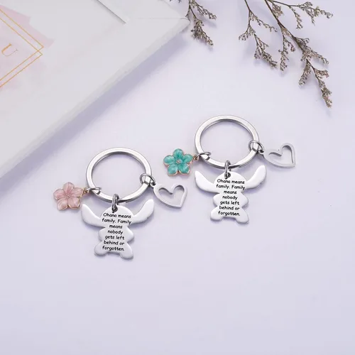 Vista 2 de Ralukiia Ohana Means - Juego de llaveros familiares para 2, llavero de puntada, regalo de joyería para niños y niñas, flor verde y rosa, Multi