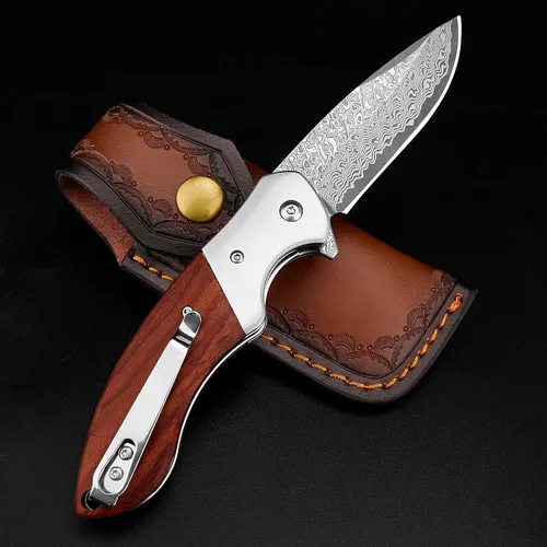 Vista 8 de KOMWERO Cuchillo de bolsillo de damasco, afilado núcleo de acero de Damasco VG10 Hoja DMJN Wood Handle, Folding Knife for Men Women, Pocket Clip