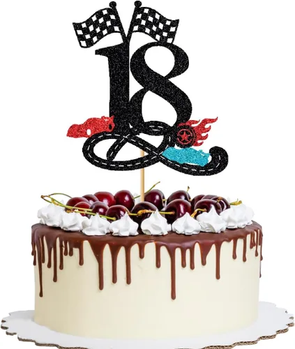 Vista 13 de Decoración para tartas de cumpleaños número 13, decoración para tartas de trece años con purpurina rápida, bandera a cuadros, pista de carreras