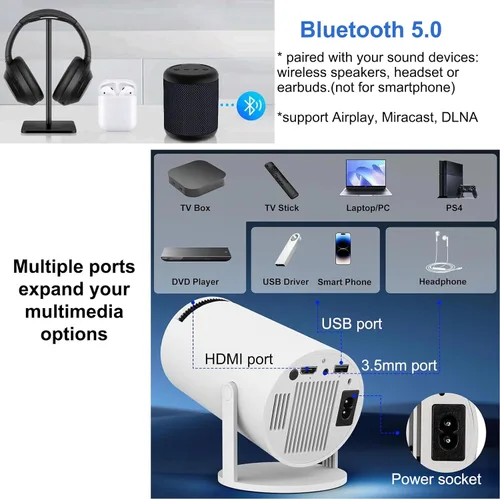 Vista 2 de Mini proyector con WiFi y Bluetooth, HY300 pro proyector 4K decodificación de video, sistema Android, Keystone automático, proyector de video