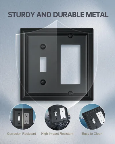 Vista 3 de Switch Plates Outlet Covers, 1-Pack Metal Wall Plate, Black Finish Midsize 1 Toggle 1 Decorator Combo Wall Plate, Ideal for GFCI Outlets, Light