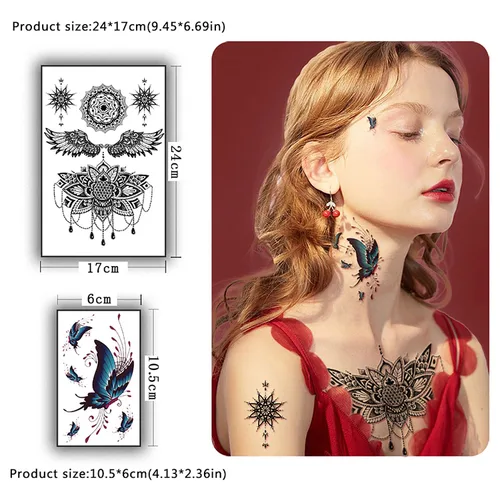Vista 2 de Yazhiji 32 hojas de tatuajes temporales para adultos, tótem, flor de rosa, girasol, tatuajes falsos para mujeres y hombres, brazo planeta Hlalf